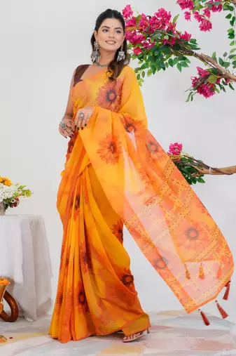 women's floral print georgette saree -yellow