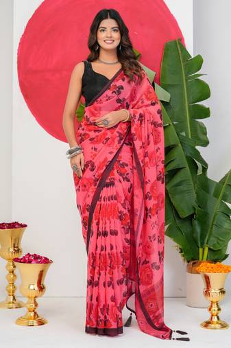 women's floral print georgette saree -pink