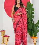 women's floral print georgette saree -pink