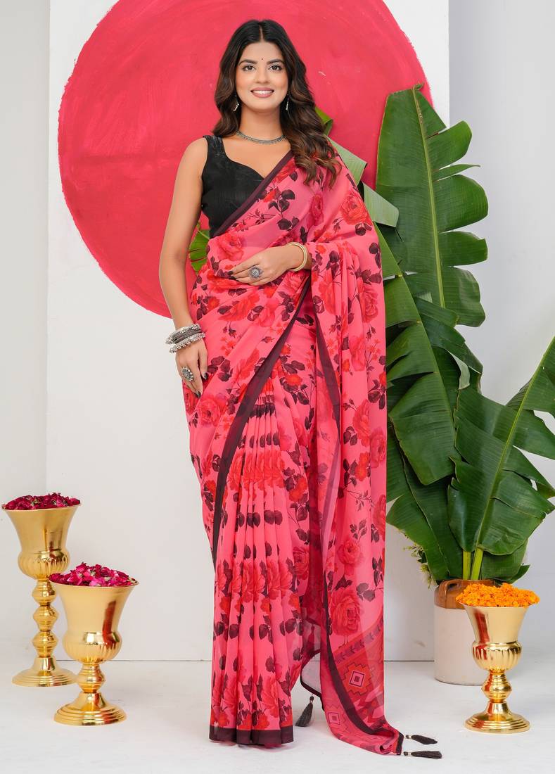 women's floral print georgette saree -pink