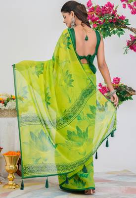 women's floral print georgette saree -yellow 4