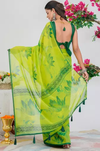 women's floral print georgette saree -yellow
