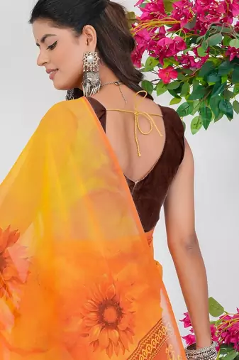 women's floral print georgette saree -yellow