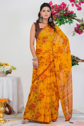 women's floral print georgette saree -orange