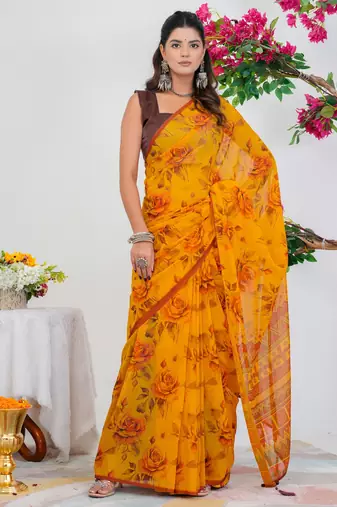 women's floral print georgette saree -orange
