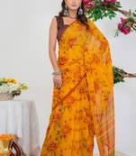 women's floral print georgette saree -orange