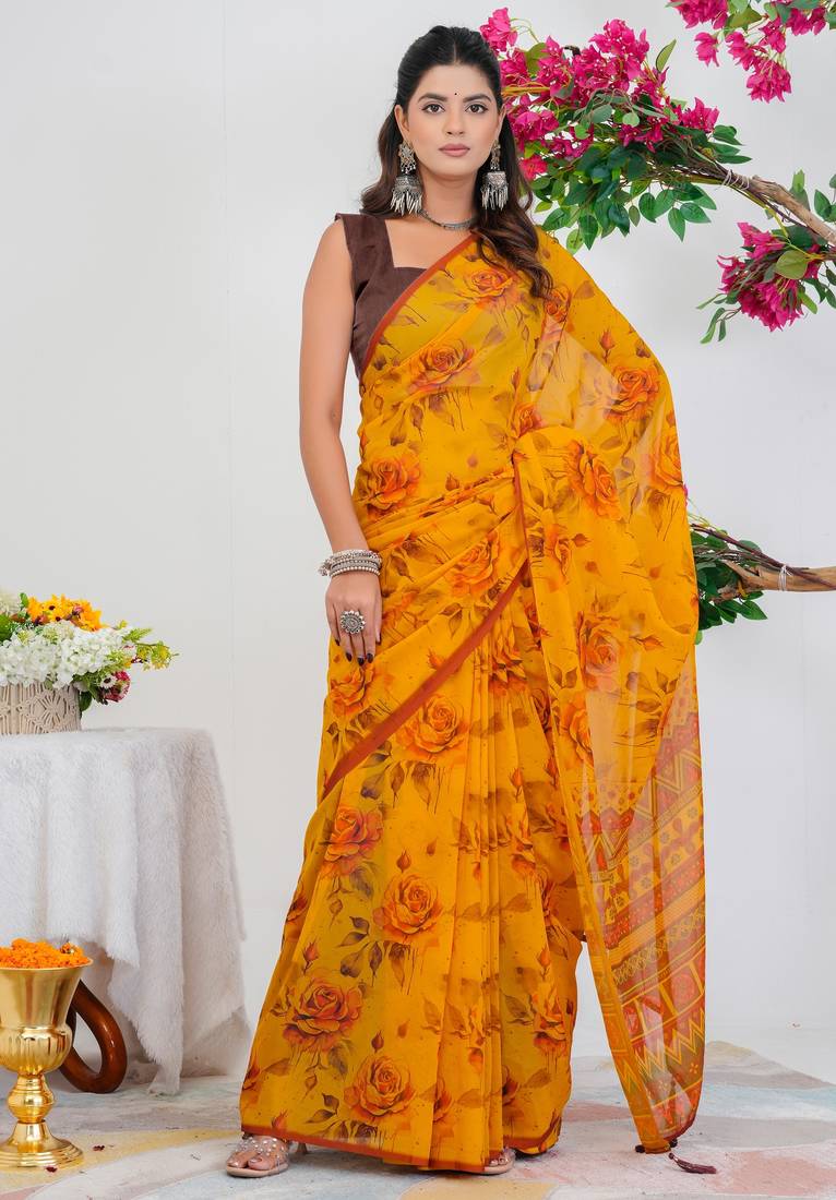 women's floral print georgette saree -orange