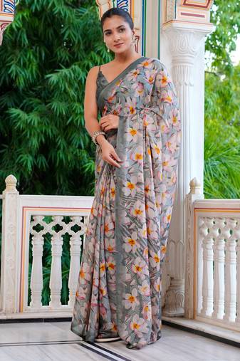 women's floral print chiffon saree -grey