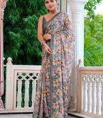 women's floral print chiffon saree -grey