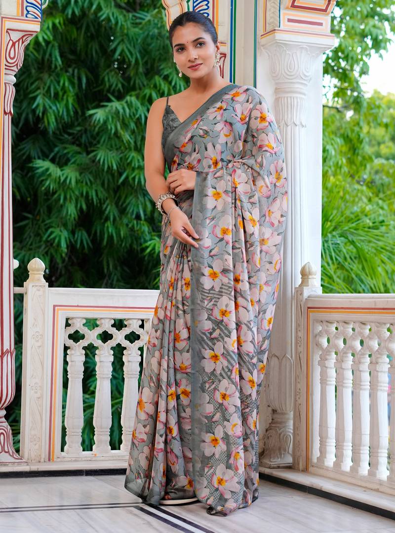 women's floral print chiffon saree -grey