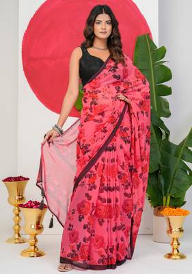 women's floral print georgette saree -pink 2