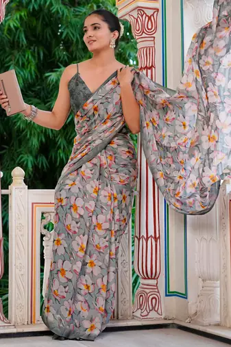women's floral print chiffon saree -grey