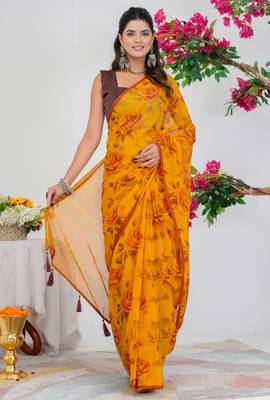 women's floral print georgette saree -orange 2