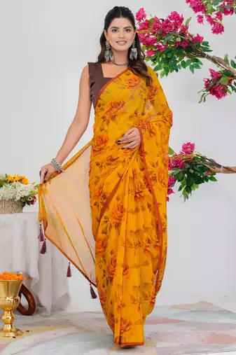 women's floral print georgette saree -orange
