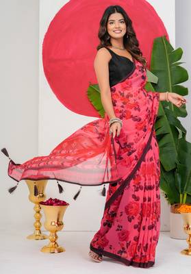 women's floral print georgette saree -pink 3