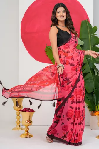 women's floral print georgette saree -pink
