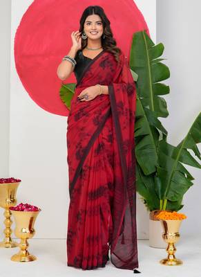 women's floral print georgette saree -red 1