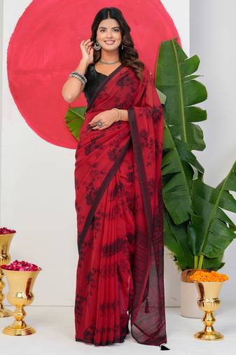 women's floral print georgette saree -red