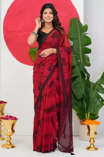 women's floral print georgette saree -red