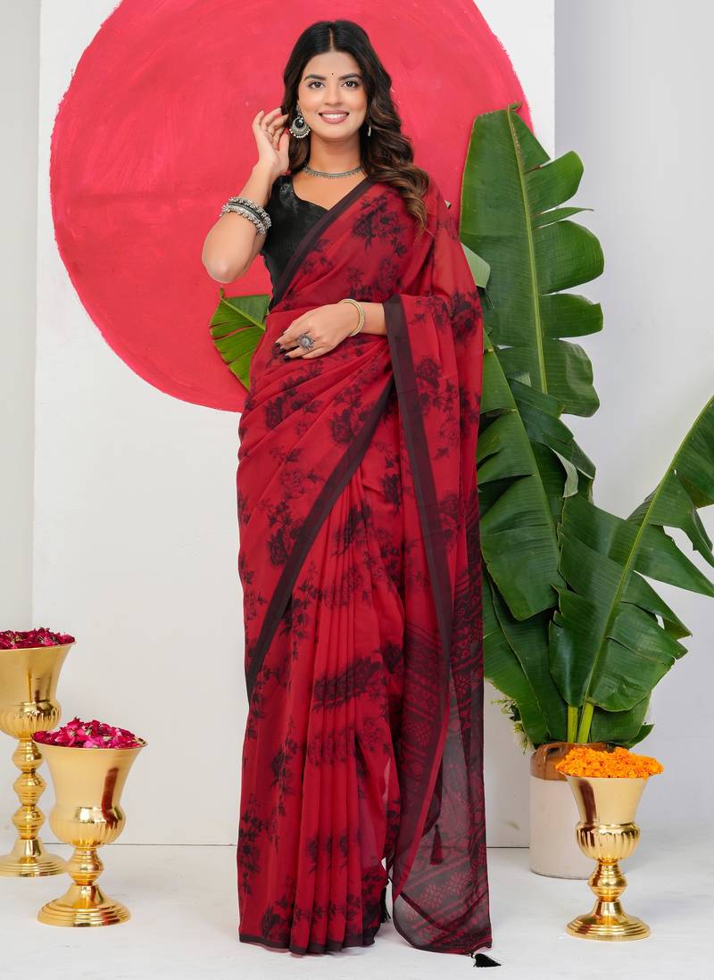 women's floral print georgette saree -red