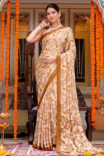 women's floral print chiffon saree -beige