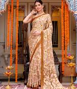 women's floral print chiffon saree -beige