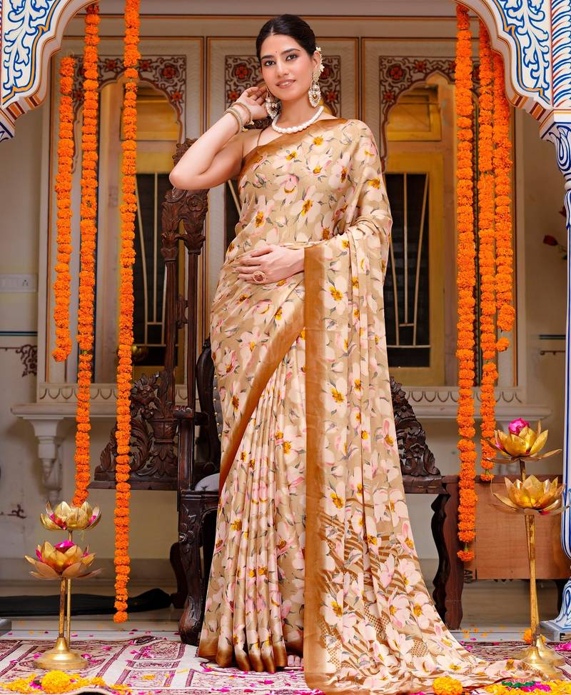 women's floral print chiffon saree -beige