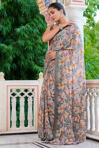 women's floral print chiffon saree -grey