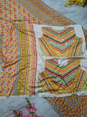Orange chinon silk blendsaree with mirror work 4