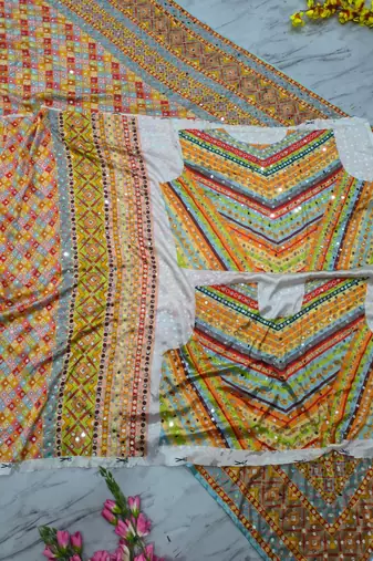 Orange chinon silk blendsaree with mirror work