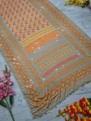 Orange chinon silk blendsaree with mirror work 5