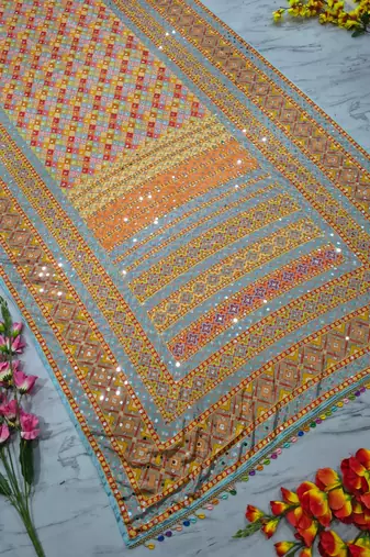Orange chinon silk blendsaree with mirror work