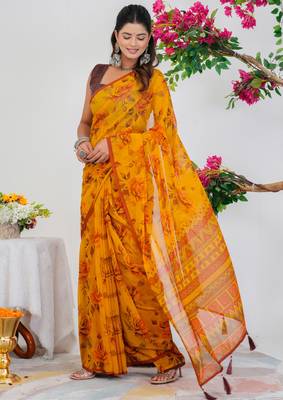 women's floral print georgette saree -orange 3