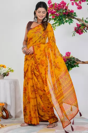 women's floral print georgette saree -orange