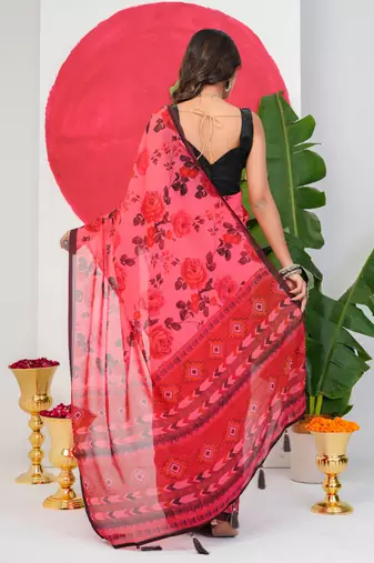 women's floral print georgette saree -pink