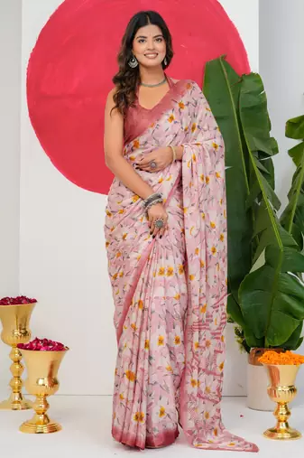 women's floral print chiffon saree -pink
