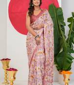 women's floral print chiffon saree -pink