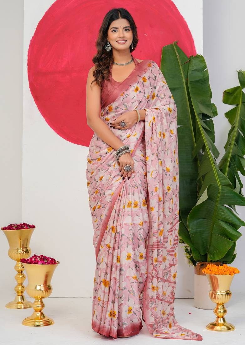 women's floral print chiffon saree -pink