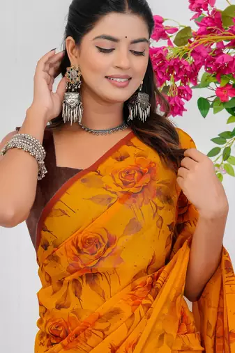 women's floral print georgette saree -yellow