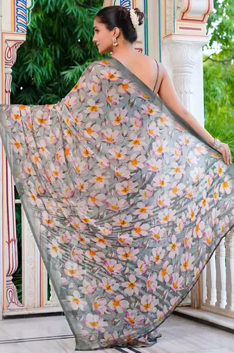 women's floral print chiffon saree -grey