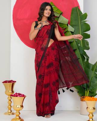 women's floral print georgette saree -red 2