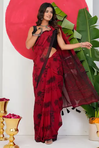 women's floral print georgette saree -red