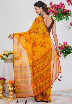 women's floral print georgette saree -orange 4