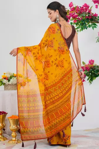 women's floral print georgette saree -orange