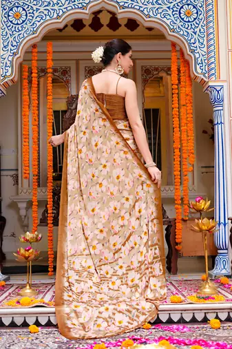women's floral print chiffon saree -beige