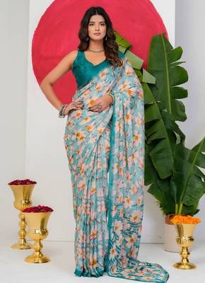 women's floral print chiffon saree -blue 1