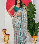 women's floral print chiffon saree -blue