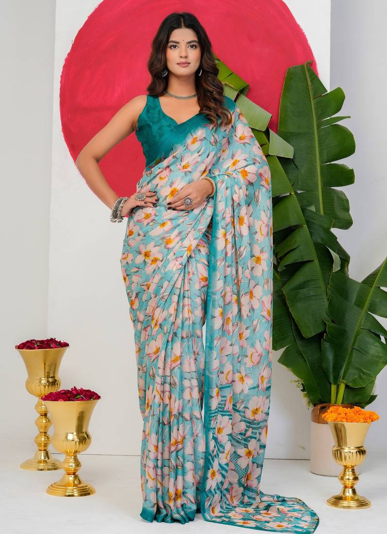 women's floral print chiffon saree -blue