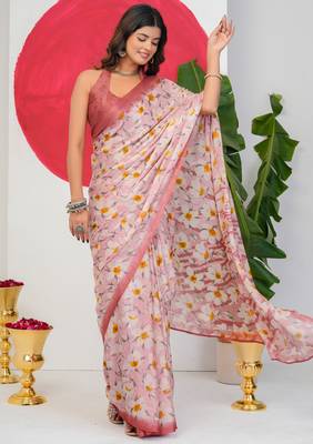 women's floral print chiffon saree -pink 2
