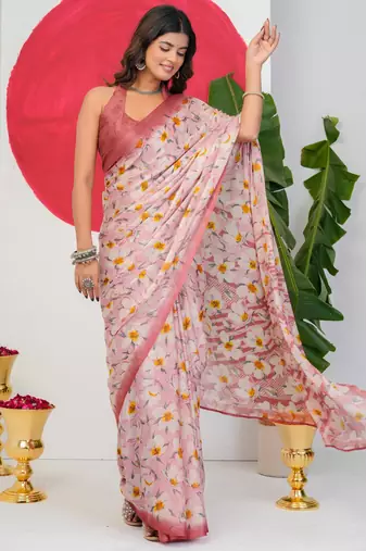 women's floral print chiffon saree -pink